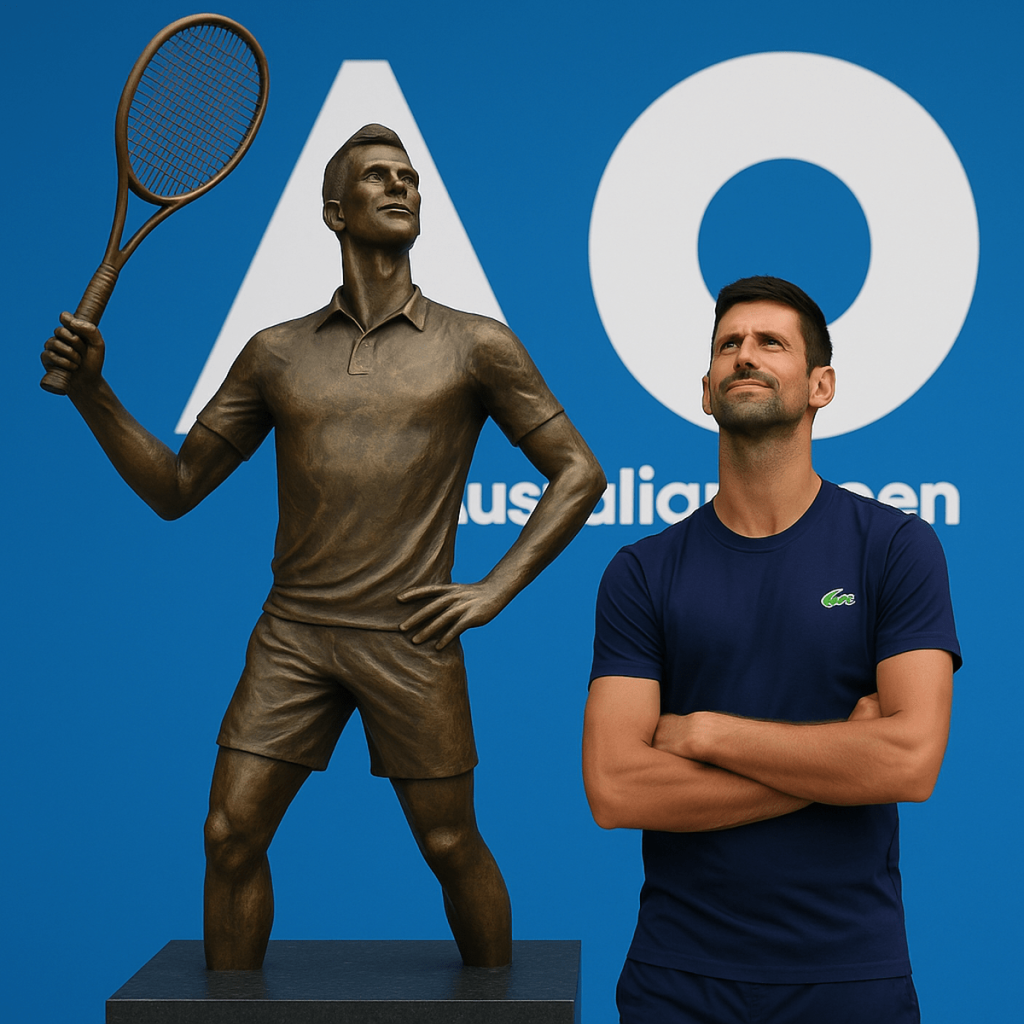 Djokovic devant sa statue à l'Open d'Australie